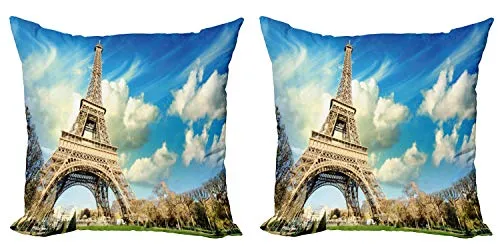 ABAKUHAUS Parigi Federe Cuscini Set di 2, Torre Eiffel Autumn Trees, Stampa Digitale Fronte-Retro con Accento Moderno, 40 cm x 40 cm, Blu e Beige
