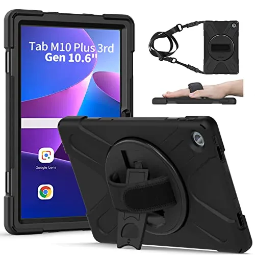 Gerutek Cover per Lenovo Tab M10 Plus 3rd Generazione 10.6 pollici 2022 (TB-125FU/TB-128FU/TB-128XU), Cover Antiurto Lenovo Tab M10 Plus 10.6 con [Cinghia da polso girevole a 360°] e supporto, Nero