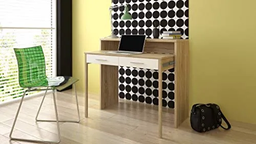 COMFORT Home Innovation - Tavolo allungabile da scrivania, Console da Studio per ordinatore, 2 cassetti, Finitura Rovere/Bianco, Misure: 98,6x86,9x36-70 cm di profondità