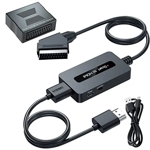 Convertitore Scart a HDMI con Adattatore Scart Femmina a Femmina + Cavi Scart e HDMI, Supporta 4 : 3 e 16 : 9 Interruttore di Uscita HDMI per N64/ Wii/ PS2/ Xbox/ DVD/ STB, Scart to HDMI Converter
