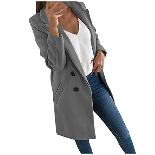 LEBABA - Cappotto da donna a maniche lunghe, elegante trench a doppio petto, con bottoni, grigio, XXL
