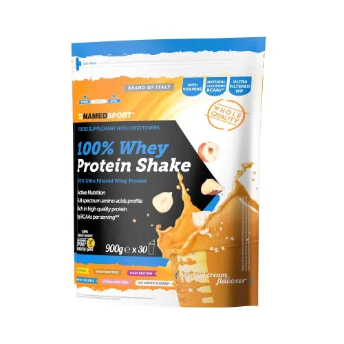 NAMEDSPORT> 100% WHEY PROTEIN SHAKE HAZELNUT CREAM, Proteine del Siero del Latte Concentrate e Ultrafiltrate, Ideali per il mantenimento della Massa Muscolare, BCAA e Vitamine del Gruppo B, 900 grammi