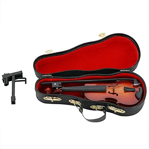 Violino in Legno in Miniatura, Mini Dollhouse Musical Instrument Modello Decor, Modello Decor Con Arco, Supporto Supporto e Custodia Nera per Bambini