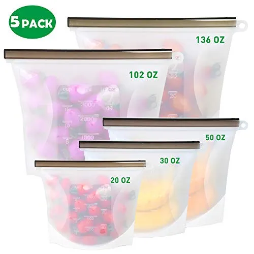 Shopwithgreen - Sacchetti riutilizzabili in silicone per alimenti, confezione da 5 pezzi, con chiusura ermetica per congelatore, sacchetti per panini alimentari, versatili per conservare verdure