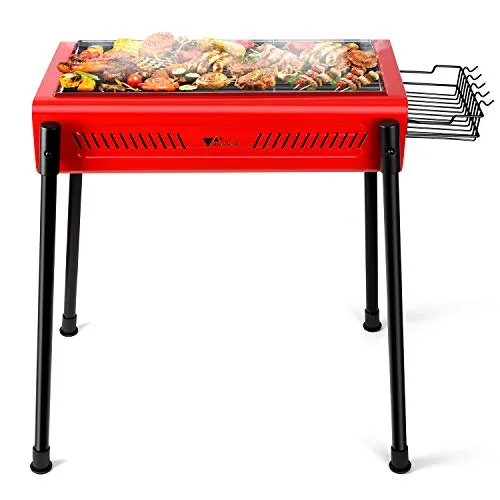 Amzdeal - Barbecue a carbonella, portatile, per giardino, terrazza, parco, picnic e campeggio, in acciaio inox, gambe rimovibili, colore rosso