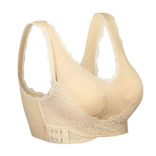 iClosam Reggiseno Senza Ferretto, Reggiseno Bra Pizzo Fibbia Laterale Anteriore con Imbottito Rimovibili per Sport Yoga Quotidiano Beige