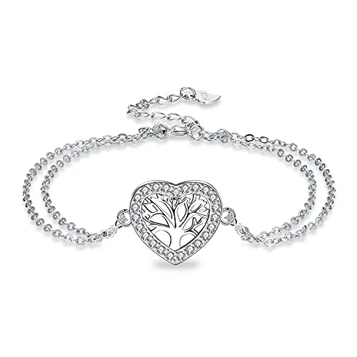 Yin sen Bracciale Albero Della Vita Donna Argento Sterling 925,Doppia catena Regolabile 16+3 cm Braccialetto Cuore con Scatola Regalo