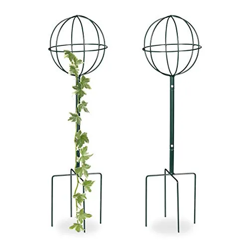 Relaxdays Set da 2 Sostegni per Piante Rampicanti, 80 cm, Supporti Rotondi con Sfera, per Aiuole e Terreno, Verde Scuro