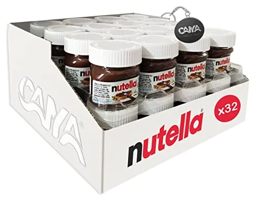 Ferrero Nutella Mini Vasetto da 25gr - Confezione da 32 Pezzi per ogni ricorrenza (Battesimi, Comunioni, Compleanni, Confettate) con Portachiavi CAIYA®