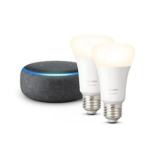 Echo Dot (3ª generazione), Tessuto antracite + Lampadine intelligenti Philips Hue White, confezione da 2 lampadine, compatibile con Alexa - Kit di base per Casa Intelligente