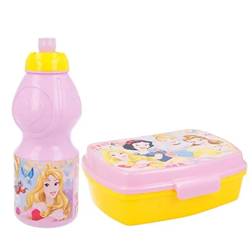 Opengardenweb Principesse Set Pranzo 2 Pezzi Portamerenda e Borraccia in Plastica Bambini Bambino Scuola Merenda Launch Box - Marchio Licenziato Originale - BPA Free - Made in EU (Princess)