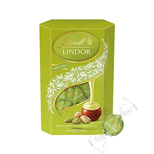 Lindt Lindor Praline di Cioccolato al Latte con Ripieno Pistacchio, 16 Cioccolatini al Pistacchio, Confezione da 200g