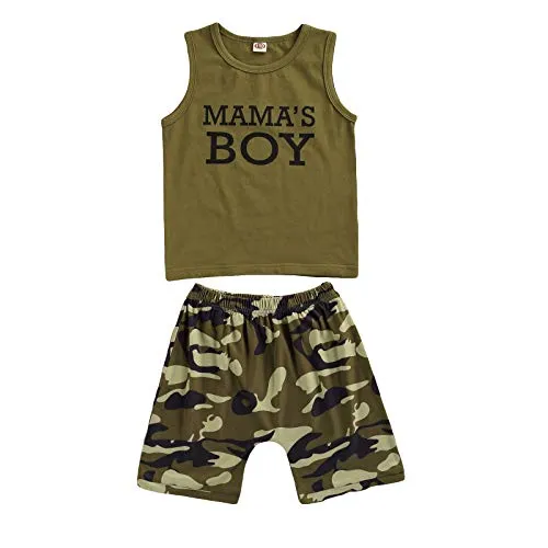 Completo Bambina/Bambino Estivo Maglietta con Lettere Stampate‘Mama 's Girl/Boy 'a Manica Girocollo+Pantaloni Corti Completo per Camuffare Mimetico (Verde Boy, 2-3 Anni)