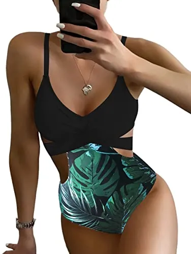 Costume Intero Donna Costumi da Bagno Controllo Pancia Scollo A V Spalline Regolabile Backless Retro Beachwear Costume da Bagno Intero da Donna con Costume da Bagno