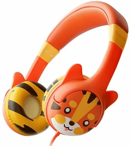 Kidrox Cuffie Bambina Orecchie da Tigre, Cuffie Bambini con Volume Limitato a 85 dB, Cuffie per Bambini con Protezione Sicura Dell'udito, Cuffie Bambino Sovrauricolari con Cavo Per Ragazzi e Ragazze