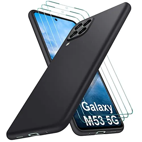 SOGUDE Cover per Samsung Galaxy M53 5G Custodia + [3 Pezzi] Pellicola Vetro Temperato, Morbido Sottile Silicone TPU Case Samsung Galaxy M53 5G Cover Protezione Anti-Caduta, Nero