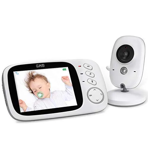 GHB Baby Monitor, Videocamera Schermo 3,2'' VOX Visione Notturna Monitoraggio Temperatura 8 Ninnenanne Citofono Bidirezionale, Attivazione Vocale, 750mAh Batteria Ricaricabile Babyphone per Bambini
