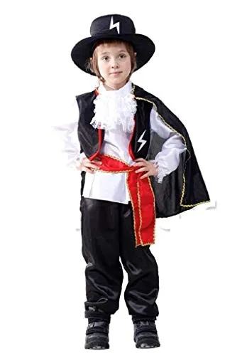 Costume Zorro Bambino Carnevale Vestito Cavaliere Della Notte (Taglia L) 7-9 Anni Travestimento Cosplay Ottimo Regalo Per Natale O Compleanno