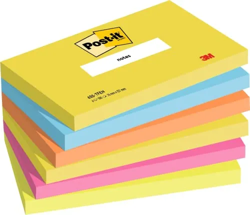 Post-it Foglietti, Confezione da 6, 100 Fogli/blocco, 76mm x 127mm, Giallo, Azzurro, Arancio, Rosa, Verde - Adesivi per Appunti, Elenchi & Promemoria