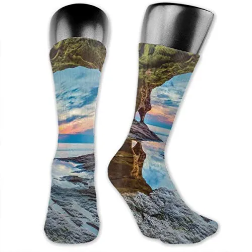 vnsukdlfg Compression Medium Calf Socks,Rock Shelter With Lake Magical Up On The Sea Mediterranean Wonders Wet Photo