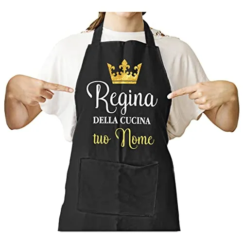 LaMAGLIERIA Grembiule personalizzato uomo o donna tuo nome Regina Della Cucina, Nero