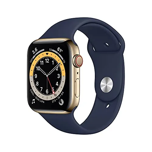Apple Watch Series 6 GPS + Cellular, Cassa 44 mm in acciaio inossidabile color oro con Cinturino Sport Deep Navy