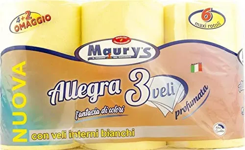 MAURY'S Carta IGIENICA 6 Maxi Rotoli 3 VELI Gialla Colorata PROFUMATA