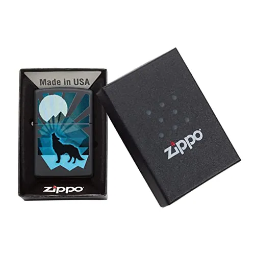 Accendino Zippo® Wolf and Moon Design 29864, Accendino Antivento Ricaricabile Zippo, Realizzato in Metallo con Caratteristico "click" Zippo, Color Nero, Made in USA, Ottima Idea Regalo
