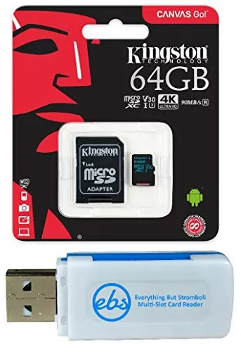 Kingston 64GB SDXC Micro Canvas Go! Memory Card and Adapter Works with GoPro Hero 7 Black, Silver, Hero7 White Camera (SDCG2/64GB) Bundle with (1) Everything But Stromboli TF and SD Card Reader