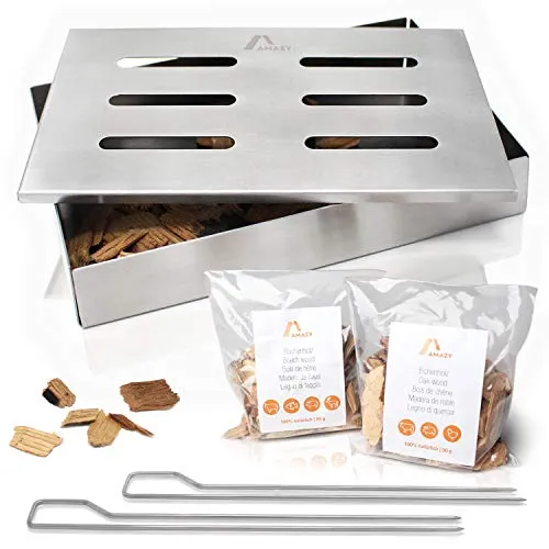 AMAZY Affumicatore Box in Acciaio Inox con 2 spiedini per Grill e 2 Tipi di Chips Diverse - Affumicatore Barbecue Offre al Pesce o alla Bistecca Il Tradizionale Sapore del Barbecue Americano