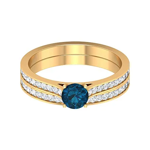 1,25 CT London Blue Topaz and Diamond Ring Set, London Blue Topaz Solitaire Ring con Diamond Wedding Band, Simple Gold Bridal Ring Set, 14K Oro giallo, Misura: 68.00