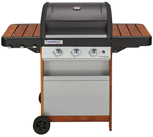 Campingaz 3 Series Woody L Grill Barbecue a Gas con 3 Bruciatore, 9.6 kW di Potenza, Sistema InstaClean EasyCleaning, Griglia e Piastra in Acciaio, 2 Tavoli a Lato, Nero/Marrone, 125 x 66 x 142 cm