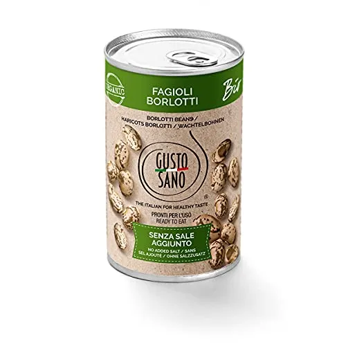 GUSTO SANO FAGIOLI BORLOTTI BIOLOGICI. Senza Sale Aggiunto - Legumi in scatola reidratati e lessati – NON OGM – Comoda scorta da 6 confezioni x 400 gr.