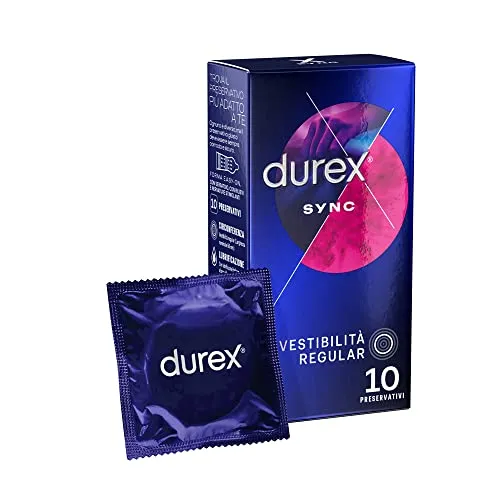 Durex Sync Preservativi Ritardanti per Lui e Stimolanti per Lei, 10 Profilattici con Rilievi e Nervature