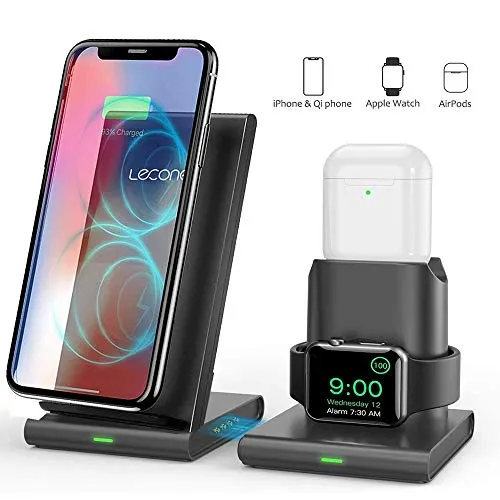 Lecone Supporto Caricatore Wireless 3 in 1 Stand per Apple Watch, Wireless Caricatore Supporto di Ricarica Wireless Docking Station per Airpods iPhone X/8 Plus/XS Max/XR Iwatch 4/3/2/1
