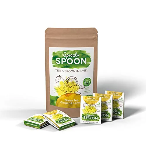 Sprout Spoon | Cucchiaino biodegradabile con tè integrato | Confezione da 5 | Il tè amico dell’ambiente, anche fuori casa | Disponibile in tre varianti | Tè verde allo zenzero e limone