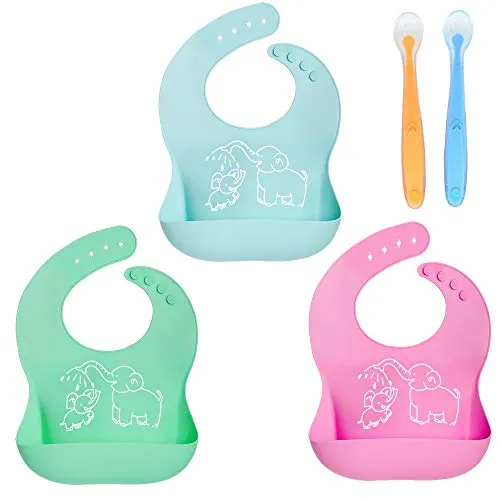 Tomkity Bavaglini Impermeabile in Silicone Morbido per Bambino con 2 Cucchiaino Silicone Neonato (3pz In Silicone con Cucchiaino)