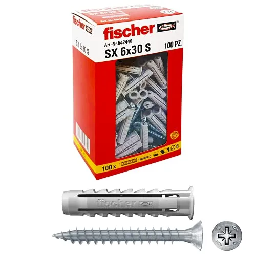 Fischer 100 Tasselli SX con vite, 6 x 30 mm, per Muro pieno e Mattone Forato, 542446