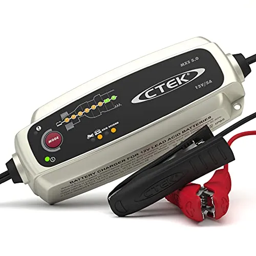CTEK MXS 5.0, Caricabatterie 12V 5A, con Compensazione della Temperatura Integrata, per Auto e Moto, Caricabatterie Intelligente, Manutentore della Batteria con Modalità Ricondizionamento