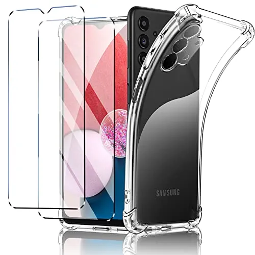 New&Teck Cover per Samsung Galaxy A13 4G + 2 Vetro Temperato Protettiva Schermo Custodia in Trasparente Silicone TPU Morbido, Bumper con Angoli Rinforzati, Protezione Chiara.