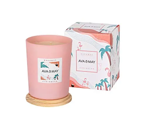 AVA & MAY Bahamas Candela profumata (180g) – Candela vegana con portacandele in Vetro dal Delicato Profumo di Cocco, Vaniglia e monoi – Candele Fatte a Mano