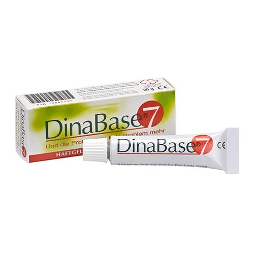 DinaBase 7 gel adesivo gratuito per protesi dentali e binari di russamento, tenuta 7 giorni, insapore, anallergico, clinicamente testato