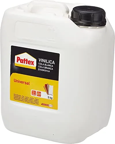 Pattex Vinilica Universale Colla liquida, Colla legno, sughero, feltro, tessuti, carta, cartone, ecc., Colla vinilica bianca all’uso e trasparente quando asciutta, tanica 5kg