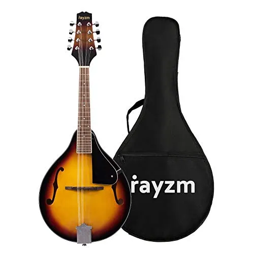 Rayzm Mandolino bluegrass tradizionale di colore sunburst con borsa imbottita per il trasporto, Mandolino Acustico Stile A, 8 corde, corpo in tiglio, tastiera in noce, collo in mogano