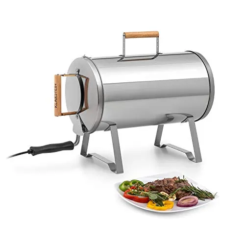 KLARSTEIN Gourmet Barrel - Smoker, Affumicatore, Materiale: Acciaio Inox Spesso 0,6 mm, Manici Termoresistenti in Legno, Plug & Play Concept, con Vaschetta Olio e Trucioli di Legno, Argento