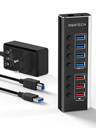 RSHTECH - Hub USB in alluminio attivo 3.0 con 36 W (12 V/3 A), alimentatore di rete a 7 porte USB 3.0 Hub con ricarica rapida (4 porte USB 3.0, 3 porte di ricarica rapida) , RSH-A37