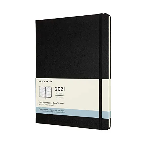 Moleskine - Agenda Mensile 2021, Planner Mensile 12 Mesi, Monthly Notebook con Copertina Rigida, Formato XL 19 x 25 cm, Colore Nero, 128 Pagine