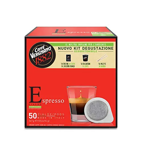 Caffè Vergnano 1882 Cialde Ese Espresso 50 Pezzi + Kit Compostabile con Zucchero, Bicchierini E Palette, 347 g