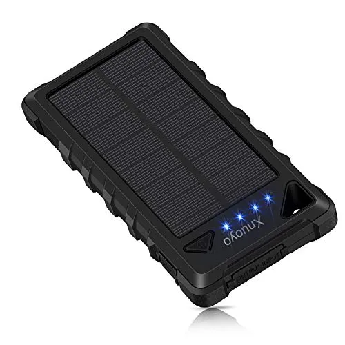 Xnuoyo 20000mAh Caricabatterie Solare Impermeabile Power Bank Solare Portatile Batteria Esterna con Doppia USB Ingresso Power Bank con Carabiniere (Nero)