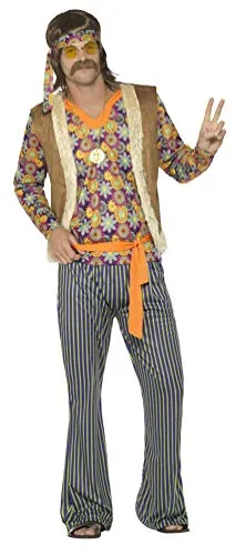 SMIFFYS Costume Cantante Hippie anni '60, uomo, multicolore, con top, gilet, pantaloni,